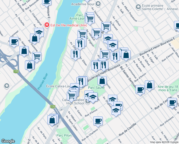 map of restaurants, bars, coffee shops, grocery stores, and more near 4722 Boulevard Léger in Montréal
