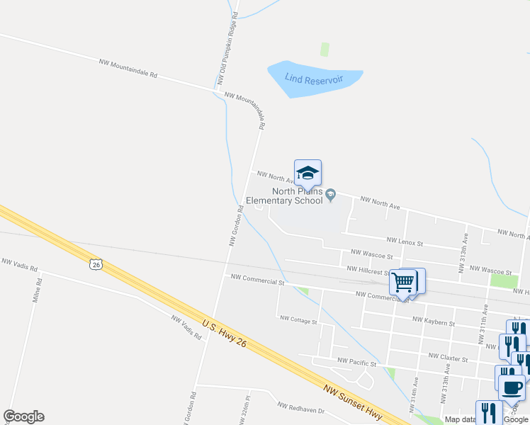 map of restaurants, bars, coffee shops, grocery stores, and more near 11205 Northwest 325th Avenue in North Plains