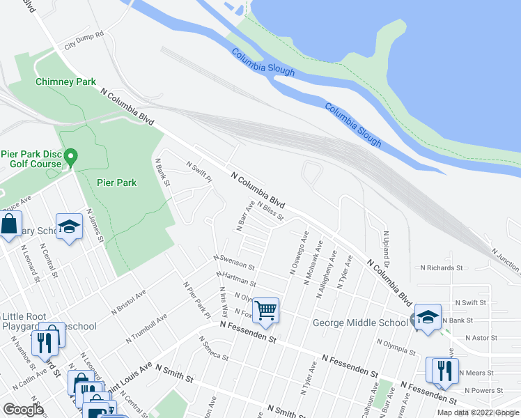 map of restaurants, bars, coffee shops, grocery stores, and more near 8420 North Bliss Street in Portland