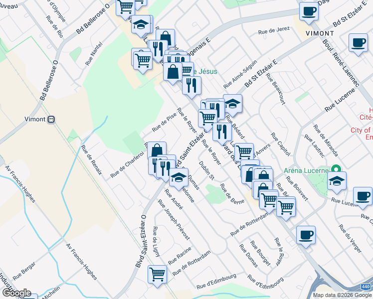 map of restaurants, bars, coffee shops, grocery stores, and more near 34 Boulevard Saint Elzéar Ouest in Laval