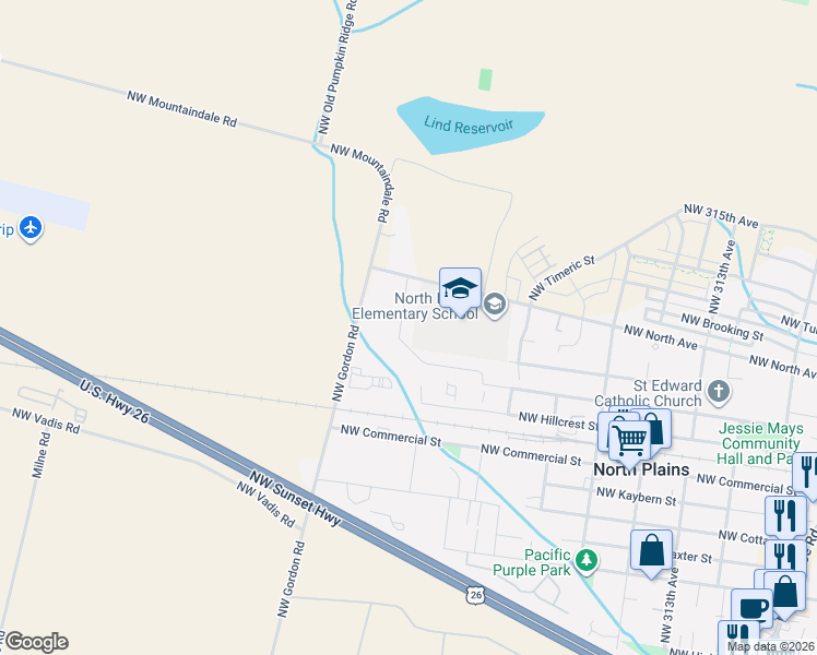 map of restaurants, bars, coffee shops, grocery stores, and more near 11206 Northwest 325th Avenue in North Plains