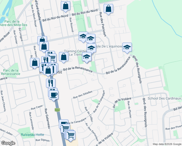 map of restaurants, bars, coffee shops, grocery stores, and more near 2412 Boulevard de la Renaissance in Laval