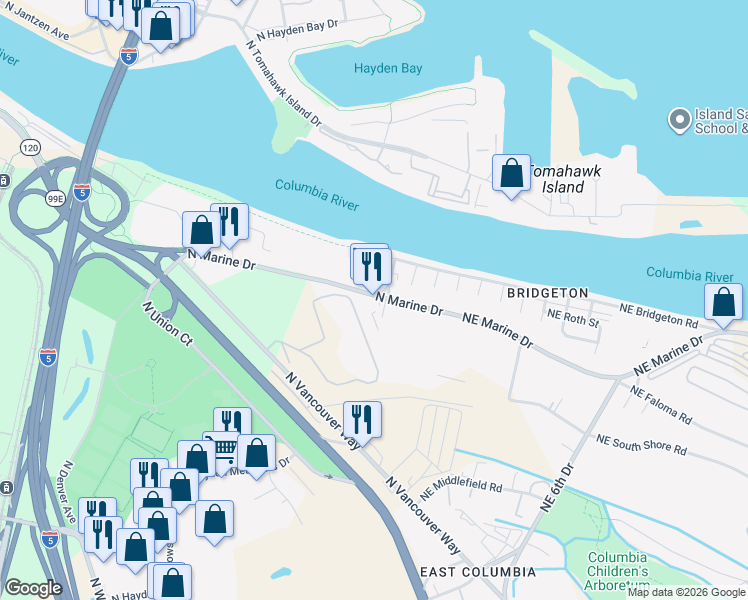map of restaurants, bars, coffee shops, grocery stores, and more near 330 North Marine Drive in Portland