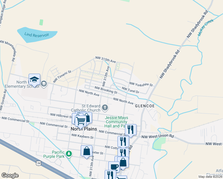 map of restaurants, bars, coffee shops, grocery stores, and more near 31045 Northwest Brooking Street in North Plains