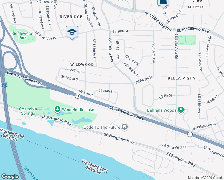 map of restaurants, bars, coffee shops, grocery stores, and more near 2519 Southeast 133rd Avenue in Vancouver