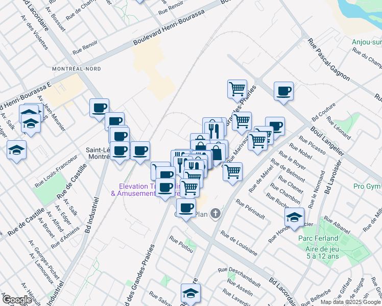 map of restaurants, bars, coffee shops, grocery stores, and more near 6065 Boulevard des Grandes-Prairies in Montréal