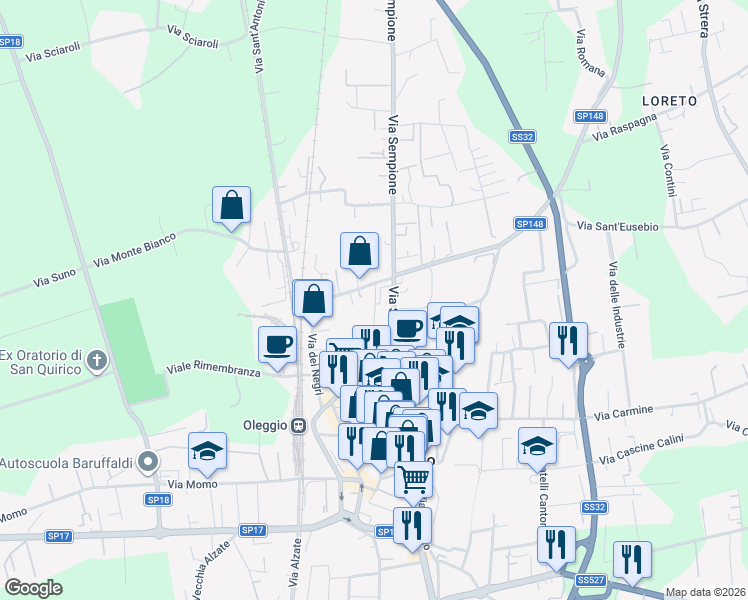 map of restaurants, bars, coffee shops, grocery stores, and more near 33 Viale Parco Mazza in Oleggio