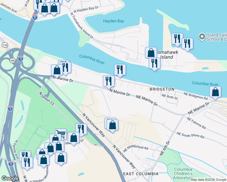 map of restaurants, bars, coffee shops, grocery stores, and more near 330 North Marine Drive in Portland
