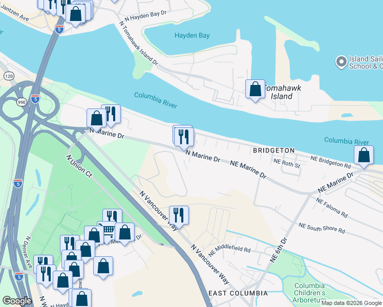 map of restaurants, bars, coffee shops, grocery stores, and more near 330 North Marine Drive in Portland