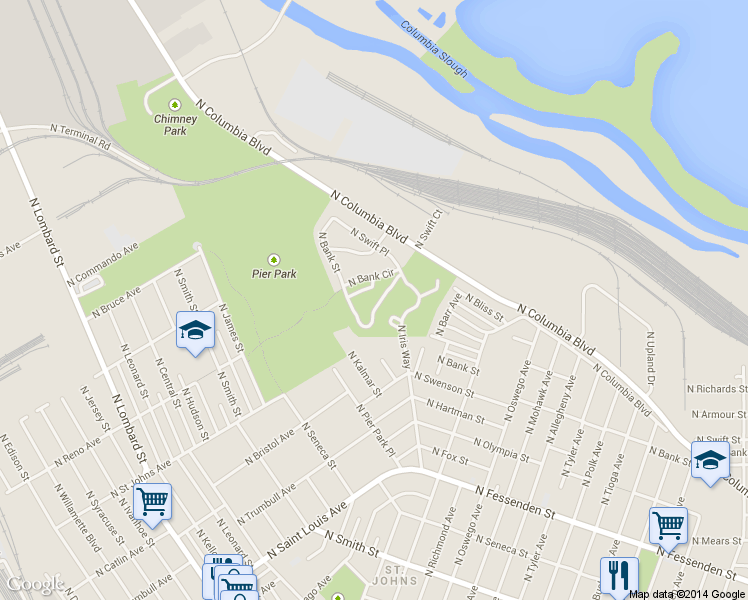 map of restaurants, bars, coffee shops, grocery stores, and more near 8678 North Columbia Boulevard in Portland
