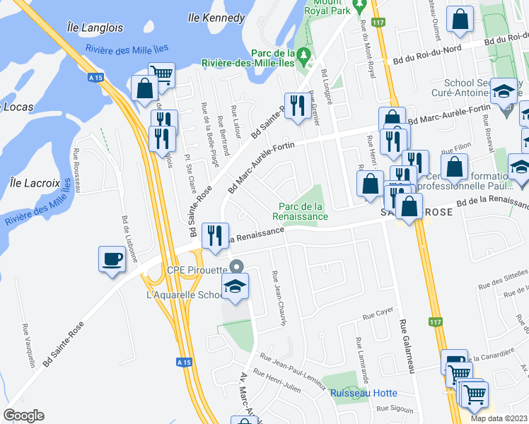 map of restaurants, bars, coffee shops, grocery stores, and more near 197 Rue P.-É Borduas in Laval