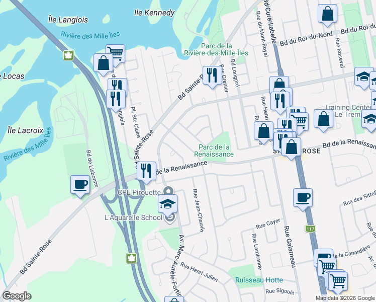 map of restaurants, bars, coffee shops, grocery stores, and more near 197 Rue P.-É Borduas in Laval