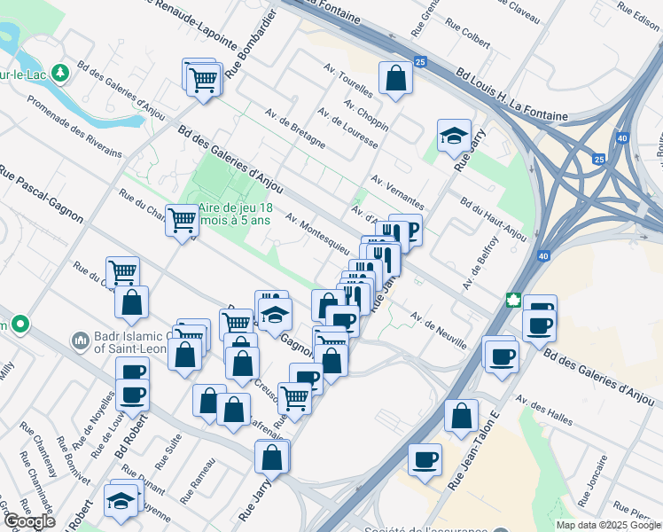 map of restaurants, bars, coffee shops, grocery stores, and more near 8640 Avenue Judith Jasmin in Montréal