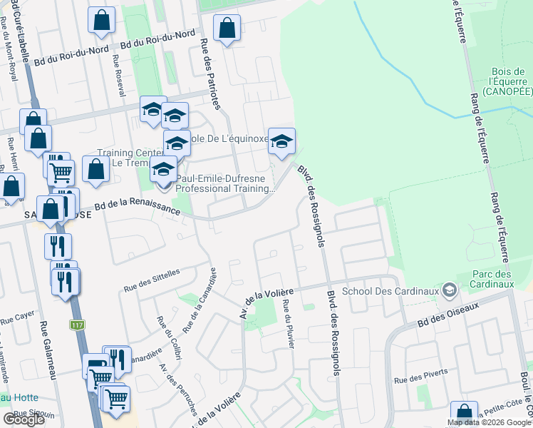 map of restaurants, bars, coffee shops, grocery stores, and more near 2800 Boulevard de la Renaissance in Laval