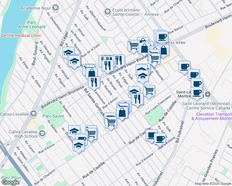 map of restaurants, bars, coffee shops, grocery stores, and more near 11326 Avenue Brunet in Montréal