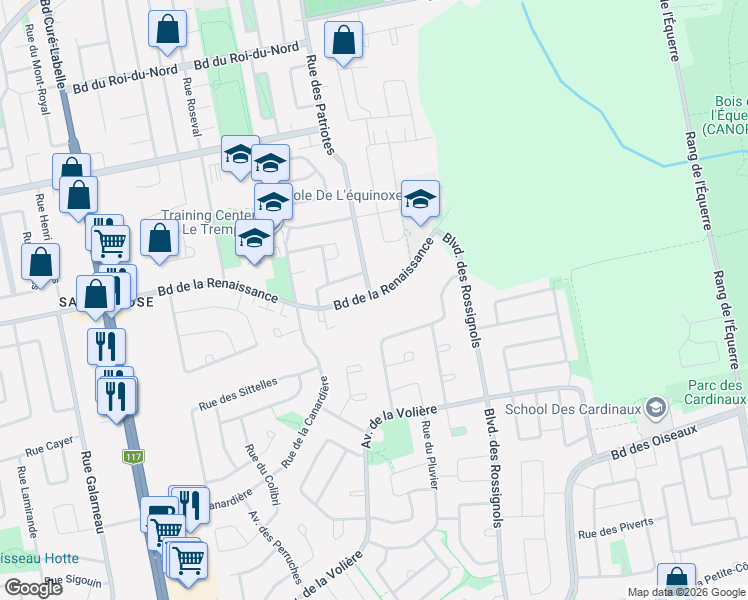 map of restaurants, bars, coffee shops, grocery stores, and more near 2800 Boulevard de la Renaissance in Laval