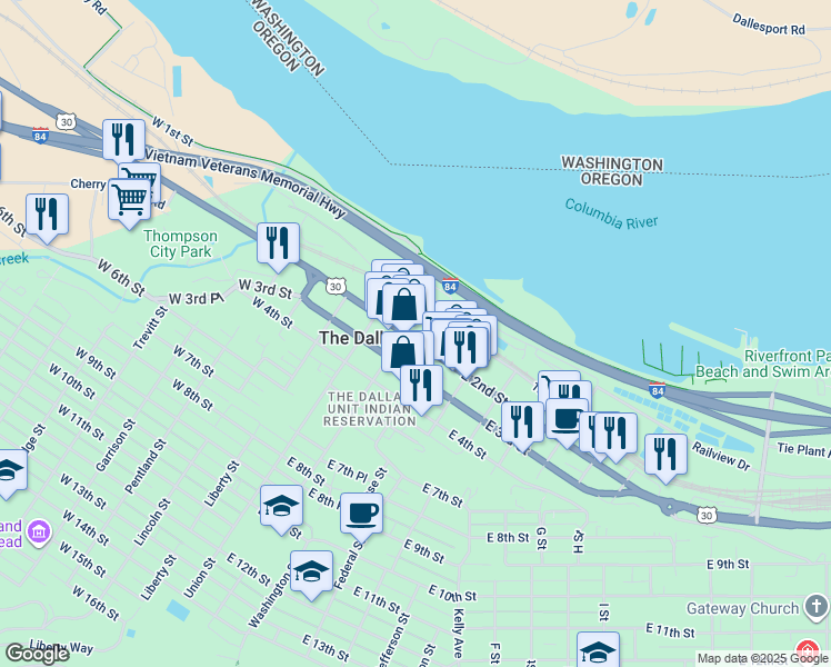 map of restaurants, bars, coffee shops, grocery stores, and more near 203 East 2nd Street in The Dalles