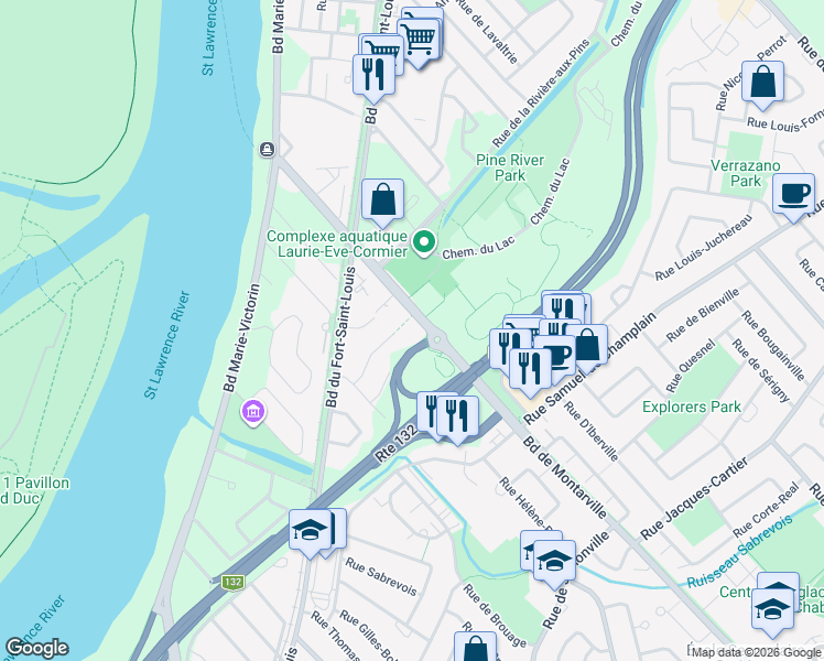 map of restaurants, bars, coffee shops, grocery stores, and more near in Boucherville