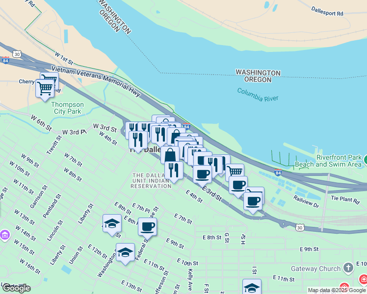 map of restaurants, bars, coffee shops, grocery stores, and more near 203 East 2nd Street in The Dalles