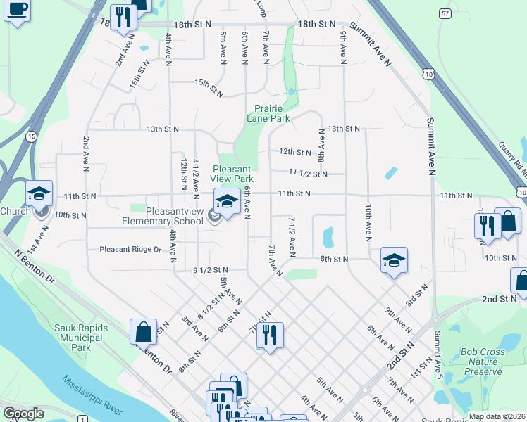 map of restaurants, bars, coffee shops, grocery stores, and more near 1020 7th Avenue North in Sauk Rapids