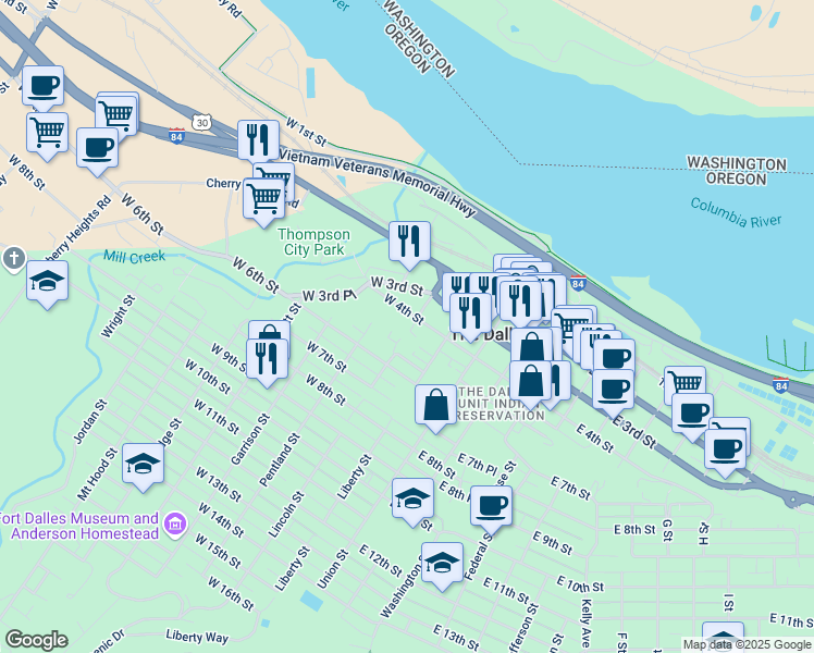 map of restaurants, bars, coffee shops, grocery stores, and more near 300 West 4th Street in The Dalles