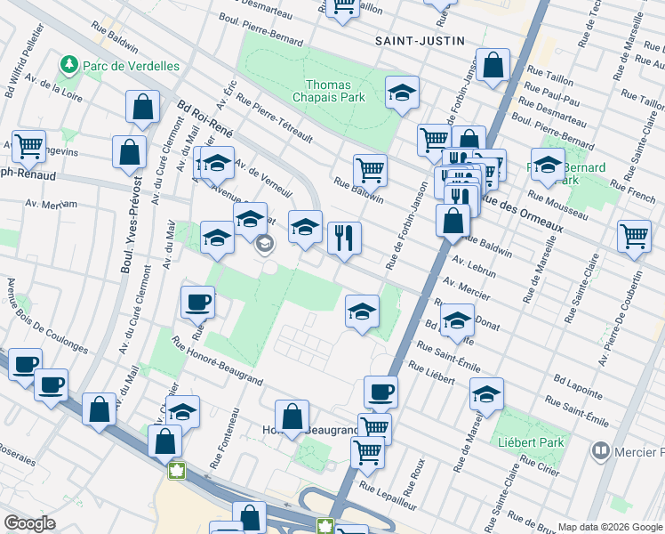 map of restaurants, bars, coffee shops, grocery stores, and more near 8365 Rue de Grosbois in Montréal