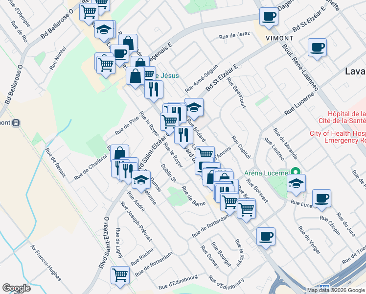 map of restaurants, bars, coffee shops, grocery stores, and more near 1880 Boulevard des Laurentides in Laval