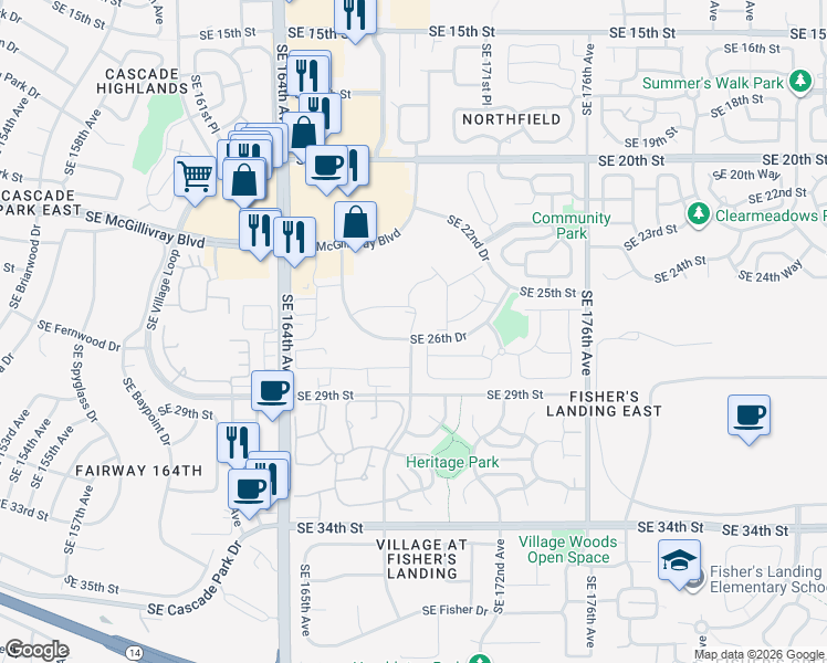 map of restaurants, bars, coffee shops, grocery stores, and more near 2606 Southeast 169th Place in Vancouver