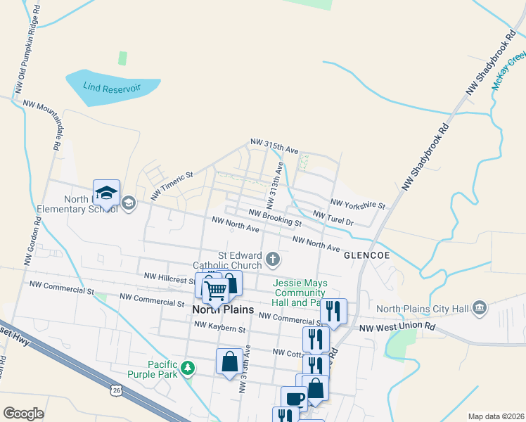 map of restaurants, bars, coffee shops, grocery stores, and more near 31345 Northwest North Avenue in North Plains