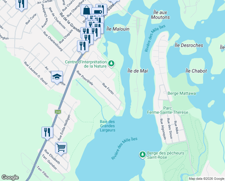 map of restaurants, bars, coffee shops, grocery stores, and more near 25 Rue Fortin in Boisbriand