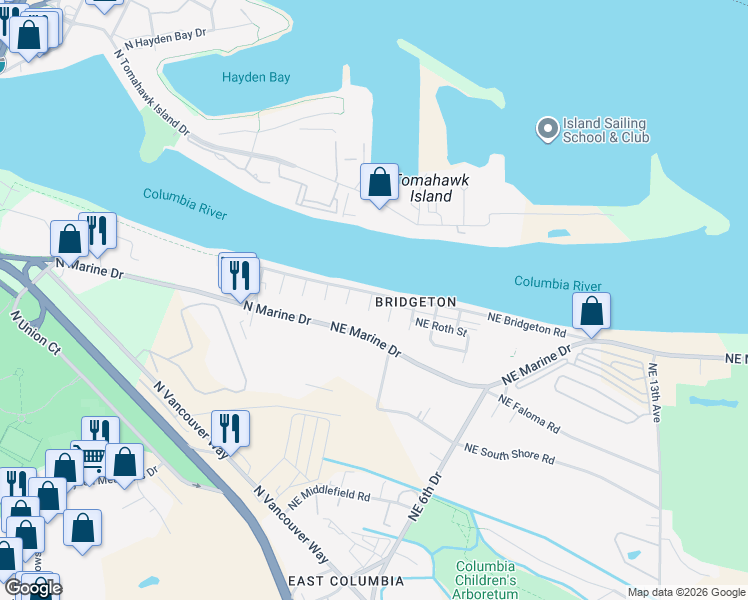 map of restaurants, bars, coffee shops, grocery stores, and more near 10901 Northeast 2nd Avenue in Portland