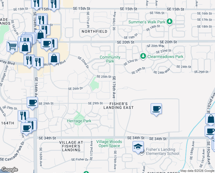 map of restaurants, bars, coffee shops, grocery stores, and more near 2600 Southeast 175th Avenue in Vancouver