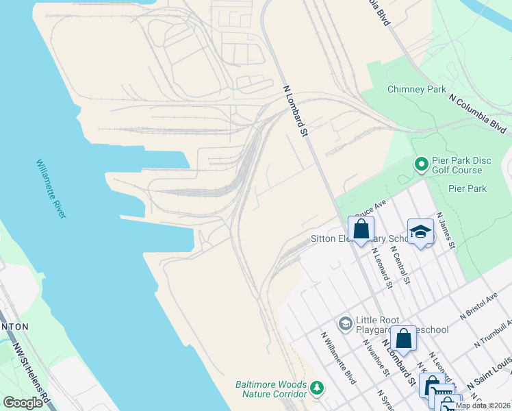 map of restaurants, bars, coffee shops, grocery stores, and more near 6900 North Roberts Avenue in Portland