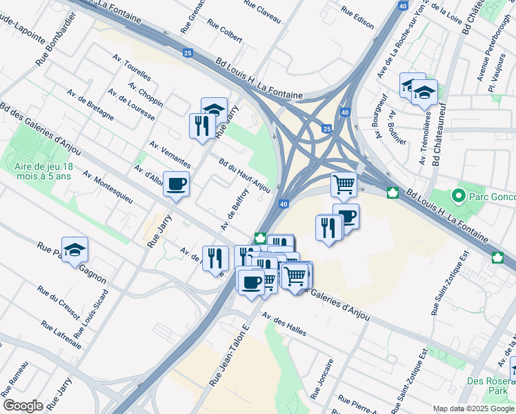 map of restaurants, bars, coffee shops, grocery stores, and more near 8210 Place du Haut Anjou in Montréal