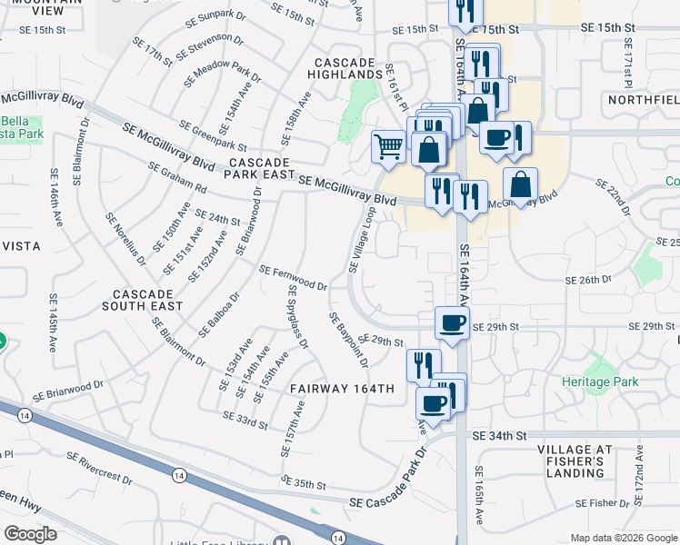 map of restaurants, bars, coffee shops, grocery stores, and more near 2606 Southeast Baypoint Drive in Vancouver