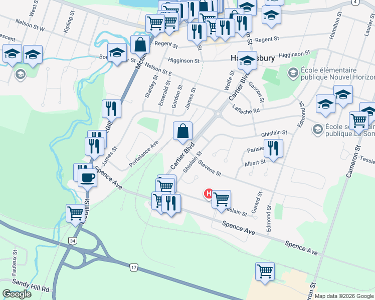 map of restaurants, bars, coffee shops, grocery stores, and more near Cartier Boulevard in Hawkesbury