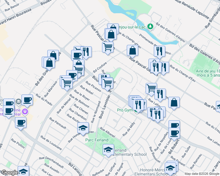 map of restaurants, bars, coffee shops, grocery stores, and more near 8975 Boulevard Langelier in Montréal