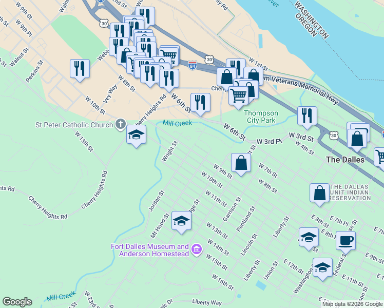 map of restaurants, bars, coffee shops, grocery stores, and more near 820 West 9th Street in The Dalles
