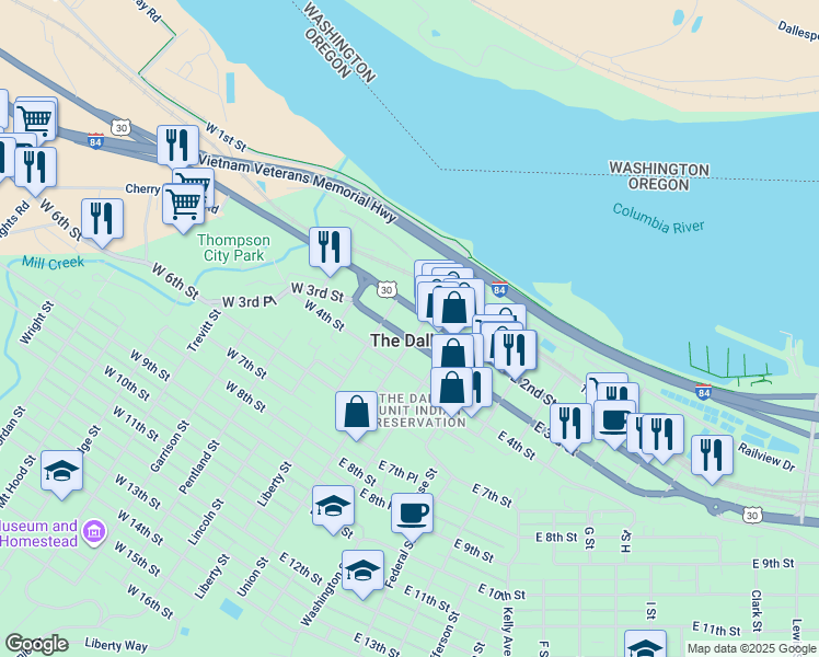 map of restaurants, bars, coffee shops, grocery stores, and more near in The Dalles