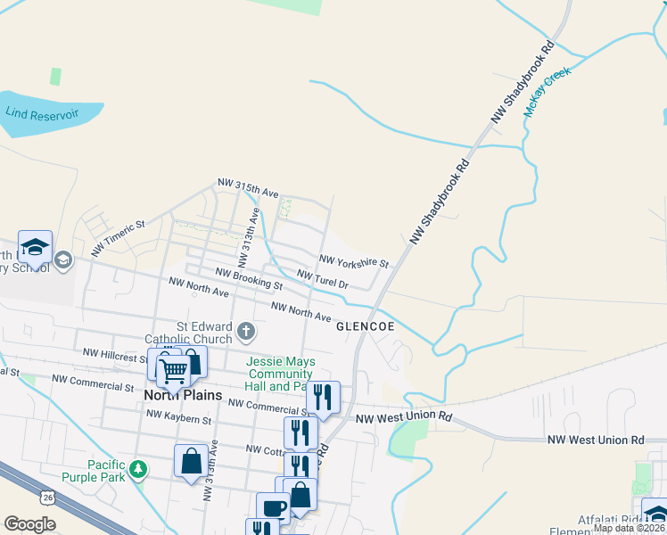 map of restaurants, bars, coffee shops, grocery stores, and more near 30876 Northwest Turel Drive in North Plains