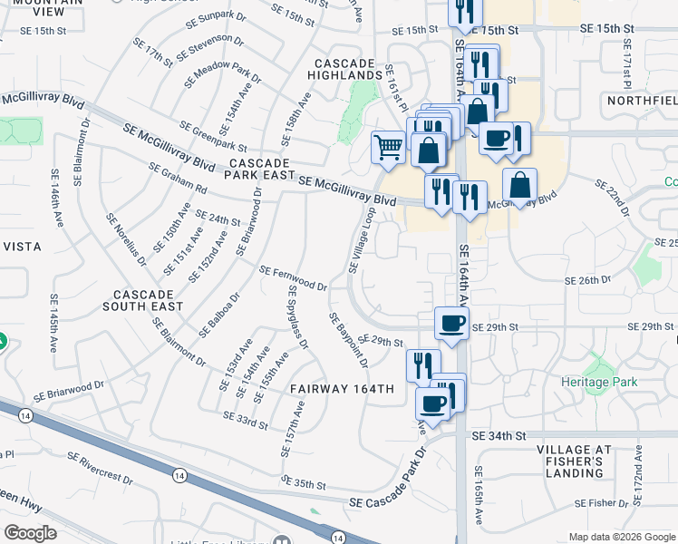 map of restaurants, bars, coffee shops, grocery stores, and more near 15806 Southeast 27th Circle in Vancouver