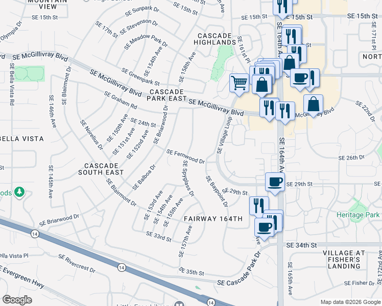map of restaurants, bars, coffee shops, grocery stores, and more near 2704 Southeast Baypoint Drive in Vancouver