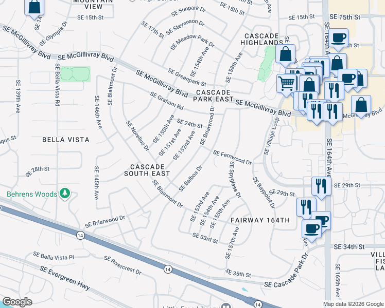 map of restaurants, bars, coffee shops, grocery stores, and more near 2617 Southeast Briarwood Drive in Vancouver