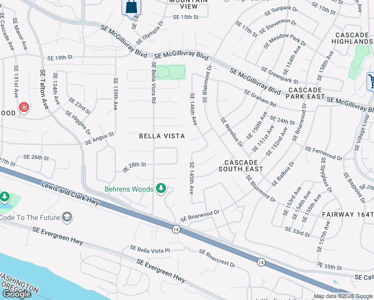 map of restaurants, bars, coffee shops, grocery stores, and more near 14500 Southeast 27th Circle in Vancouver