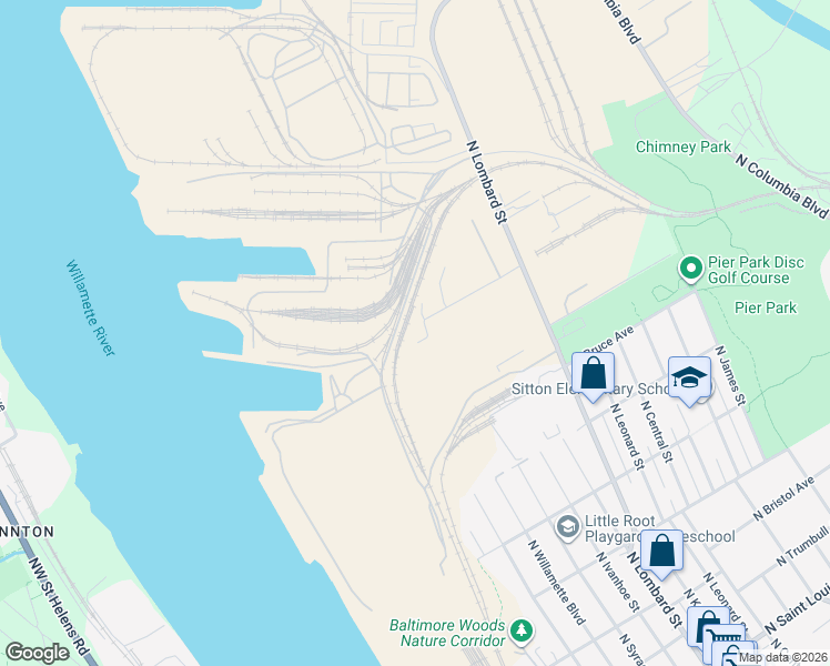 map of restaurants, bars, coffee shops, grocery stores, and more near 6900 North Roberts Avenue in Portland