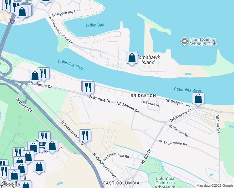 map of restaurants, bars, coffee shops, grocery stores, and more near 49 Northeast Marine Drive in Portland