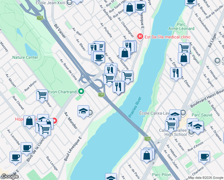 map of restaurants, bars, coffee shops, grocery stores, and more near 4400 Boulevard de la Concorde Est in Laval