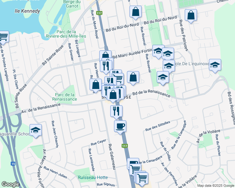 map of restaurants, bars, coffee shops, grocery stores, and more near 226 Boulevard du Curé-Labelle in Laval