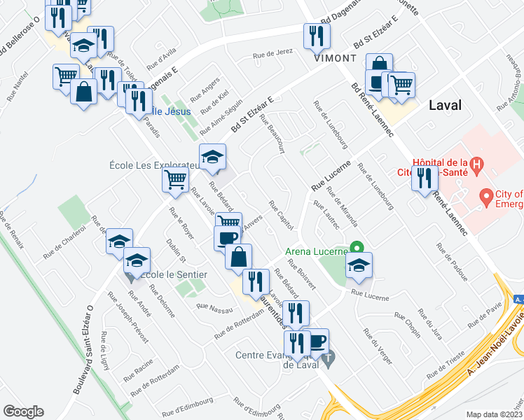 map of restaurants, bars, coffee shops, grocery stores, and more near 1835 Rue Boisvert in Laval
