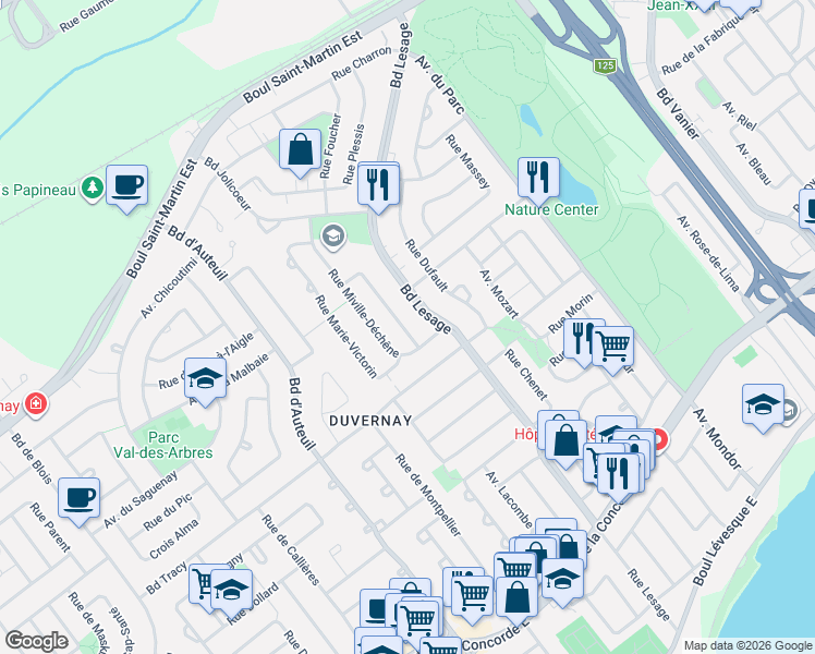 map of restaurants, bars, coffee shops, grocery stores, and more near 889 Rue Étienne-Parent in Laval